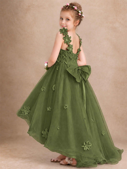 3D Floral Tulle Flower Girl Dress V-Neck Spaghetti Strap High Low Kids for Wedding First Communion