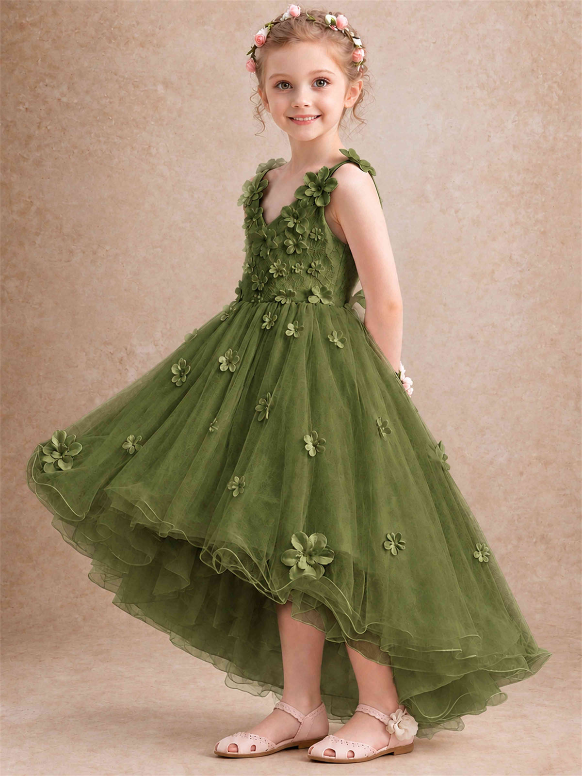 3D Floral Tulle Flower Girl Dress V-Neck Spaghetti Strap High Low Kids for Wedding First Communion