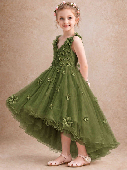 3D Floral Tulle Flower Girl Dress V-Neck Spaghetti Strap High Low Kids for Wedding First Communion
