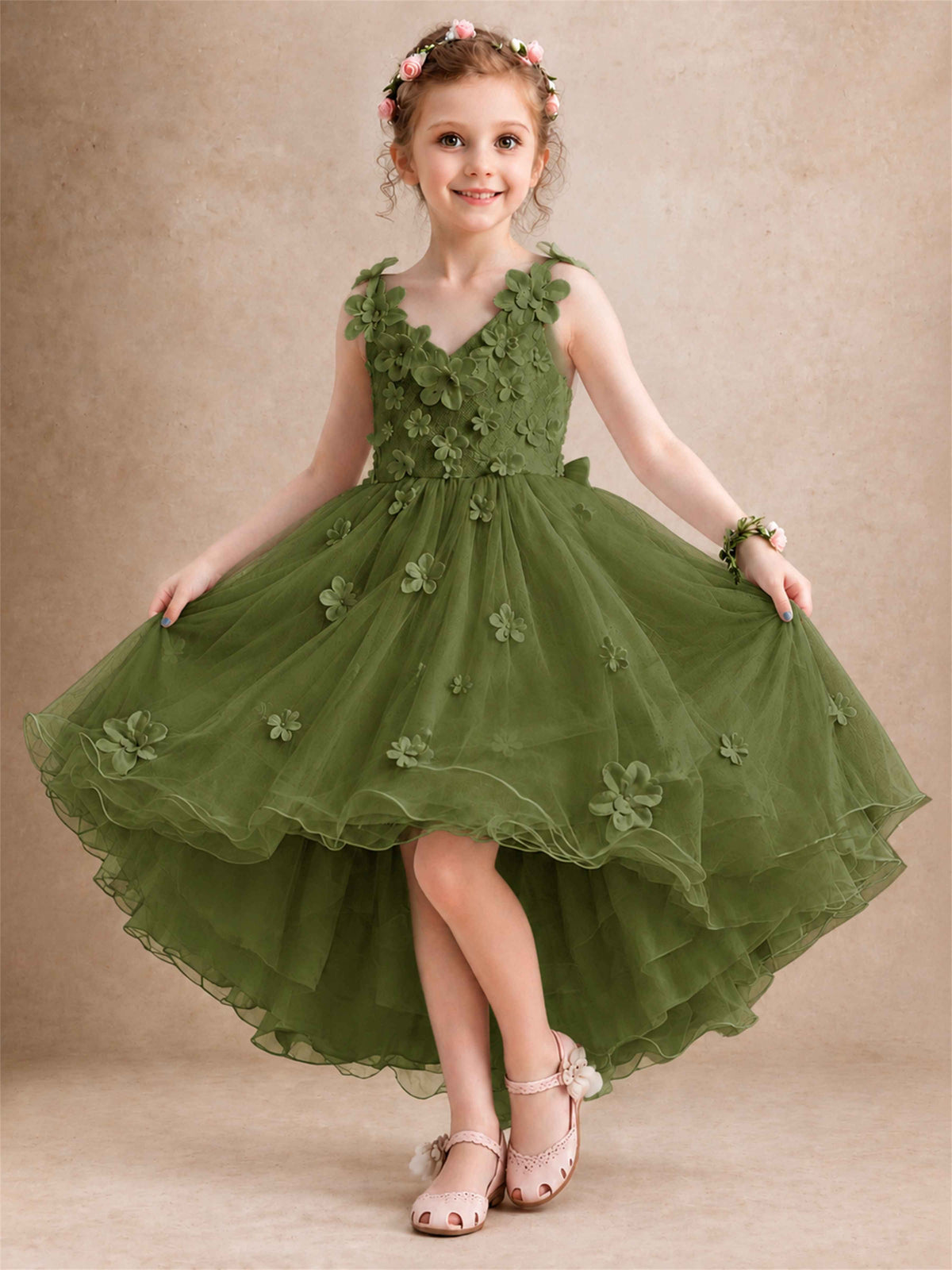 3D Floral Tulle Flower Girl Dress V-Neck Spaghetti Strap High Low Kids for Wedding First Communion