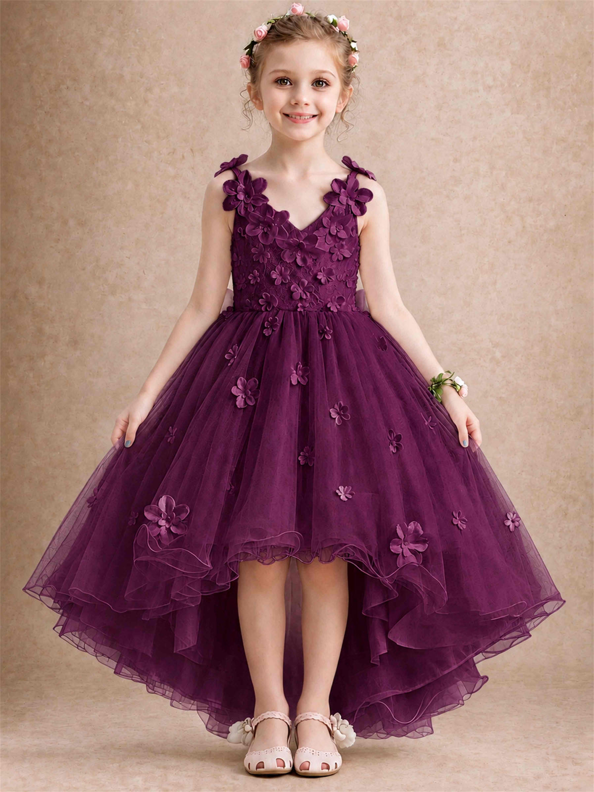 3D Floral Tulle Flower Girl Dress V-Neck Spaghetti Strap High Low Kids for Wedding First Communion