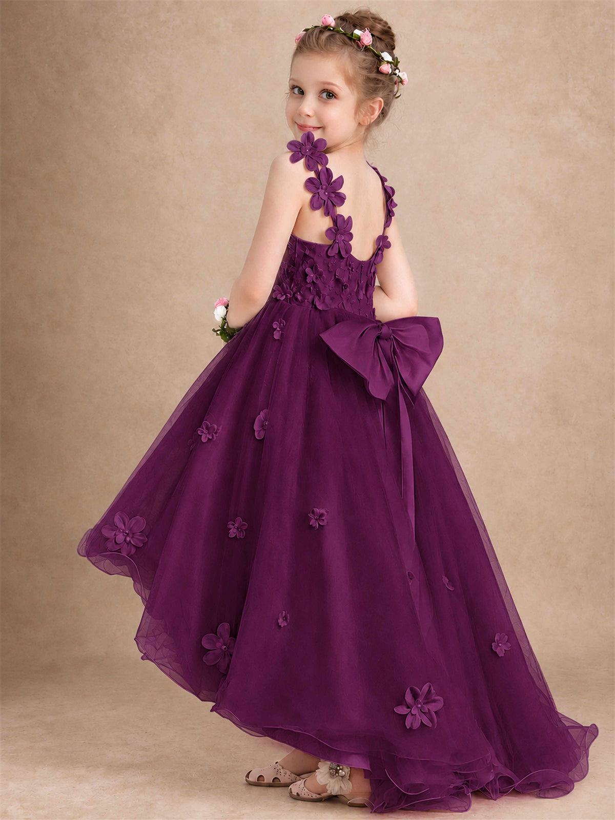 3D Floral Tulle Flower Girl Dress V-Neck Spaghetti Strap High Low Kids for Wedding First Communion