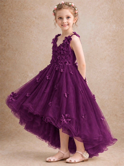 3D Floral Tulle Flower Girl Dress V-Neck Spaghetti Strap High Low Kids for Wedding First Communion