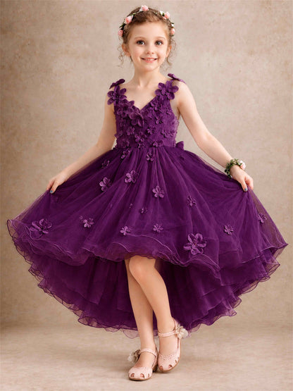 3D Floral Tulle Flower Girl Dress V-Neck Spaghetti Strap High Low Kids for Wedding First Communion