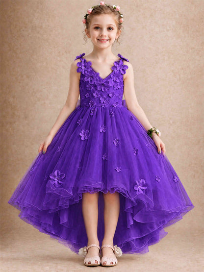 3D Floral Tulle Flower Girl Dress V-Neck Spaghetti Strap High Low Kids for Wedding First Communion
