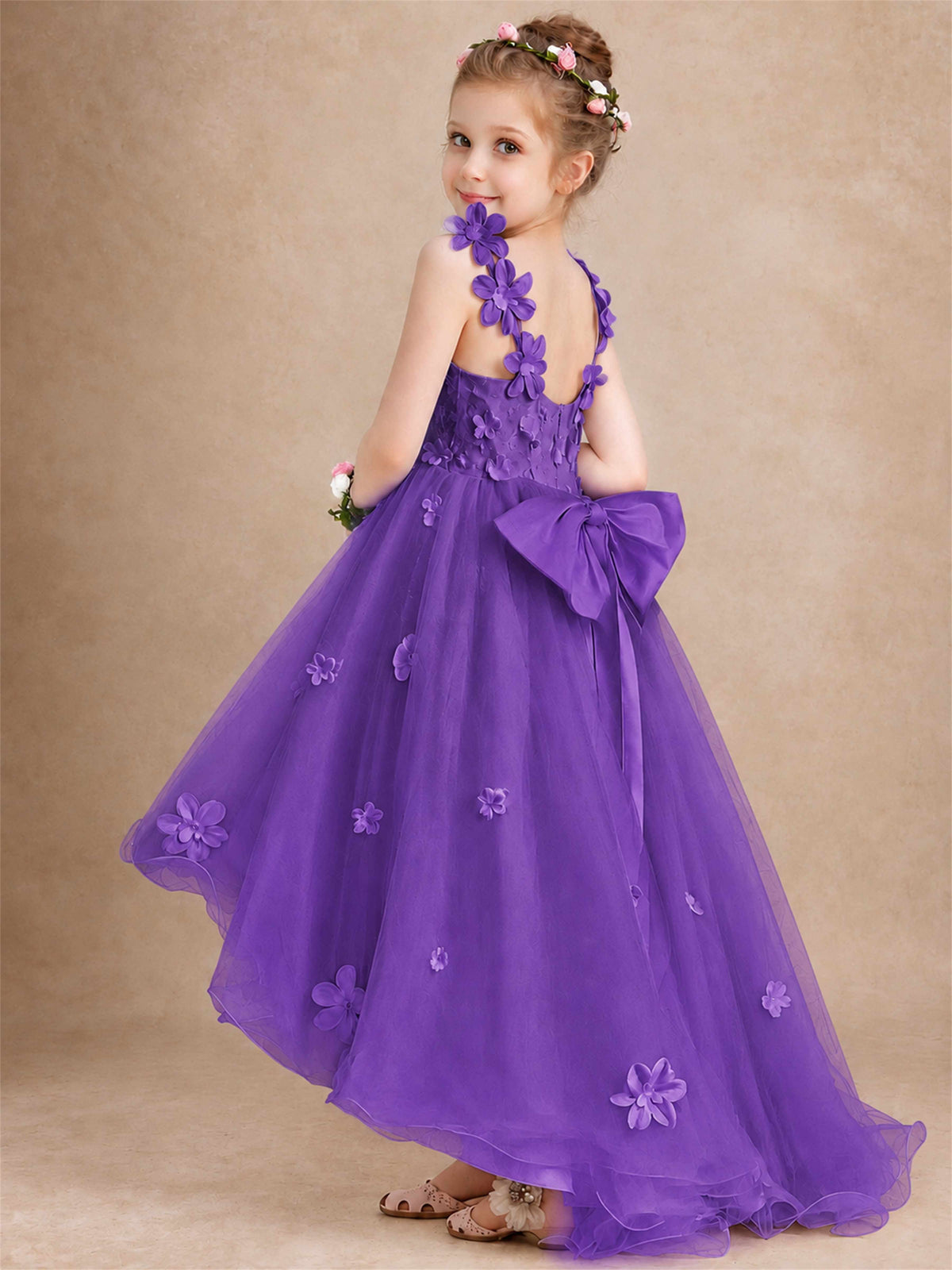 3D Floral Tulle Flower Girl Dress V-Neck Spaghetti Strap High Low Kids for Wedding First Communion