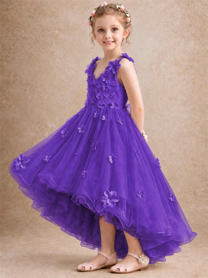 3D Floral Tulle Flower Girl Dress V-Neck Spaghetti Strap High Low Kids for Wedding First Communion