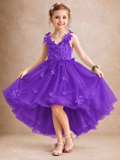 3D Floral Tulle Flower Girl Dress V-Neck Spaghetti Strap High Low Kids for Wedding First Communion