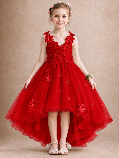 3D Floral Tulle Flower Girl Dress V-Neck Spaghetti Strap High Low Kids for Wedding First Communion