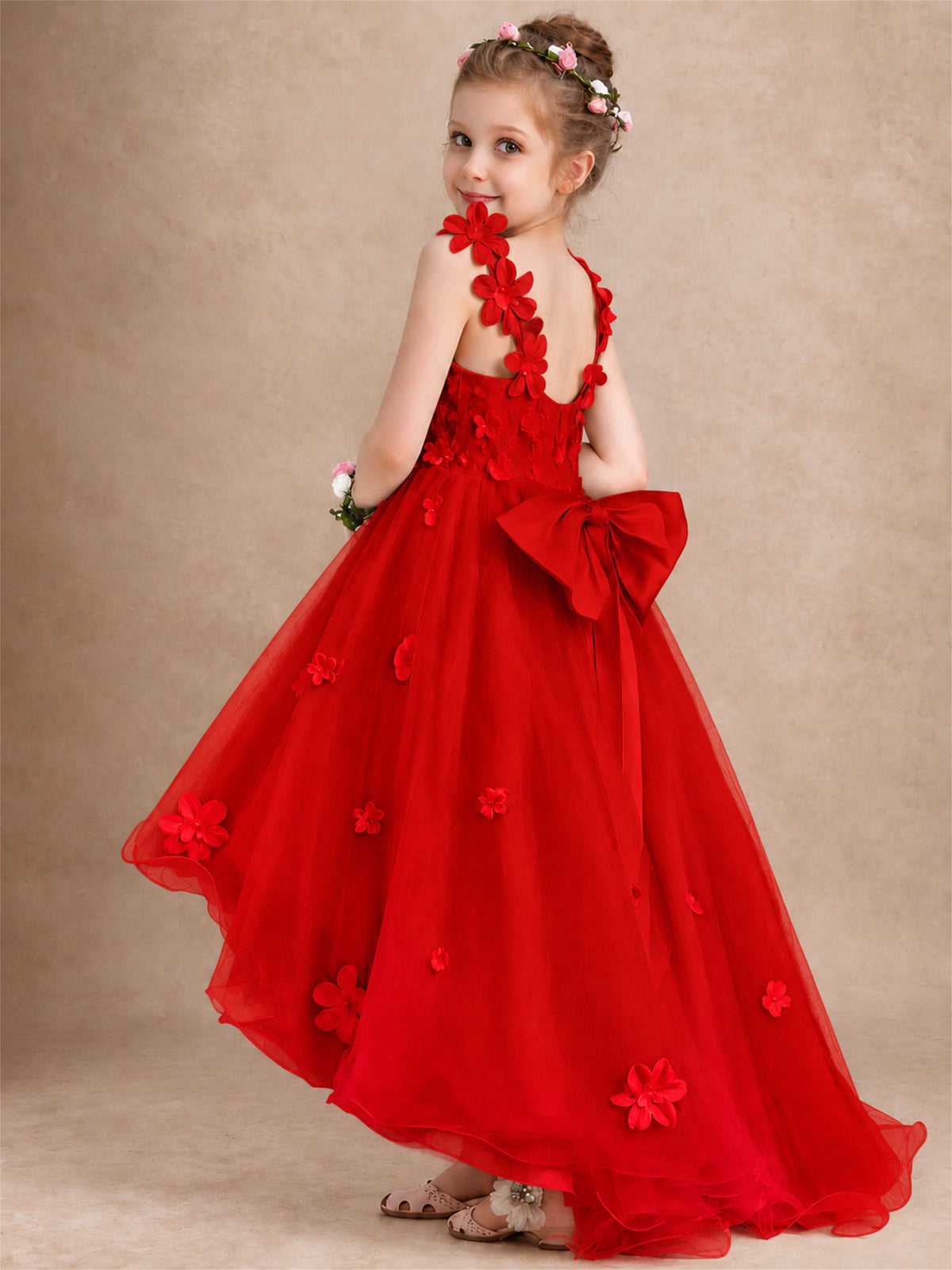 3D Floral Tulle Flower Girl Dress V-Neck Spaghetti Strap High Low Kids for Wedding First Communion