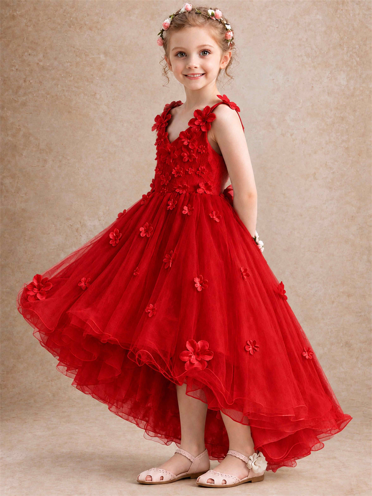 3D Floral Tulle Flower Girl Dress V-Neck Spaghetti Strap High Low Kids for Wedding First Communion