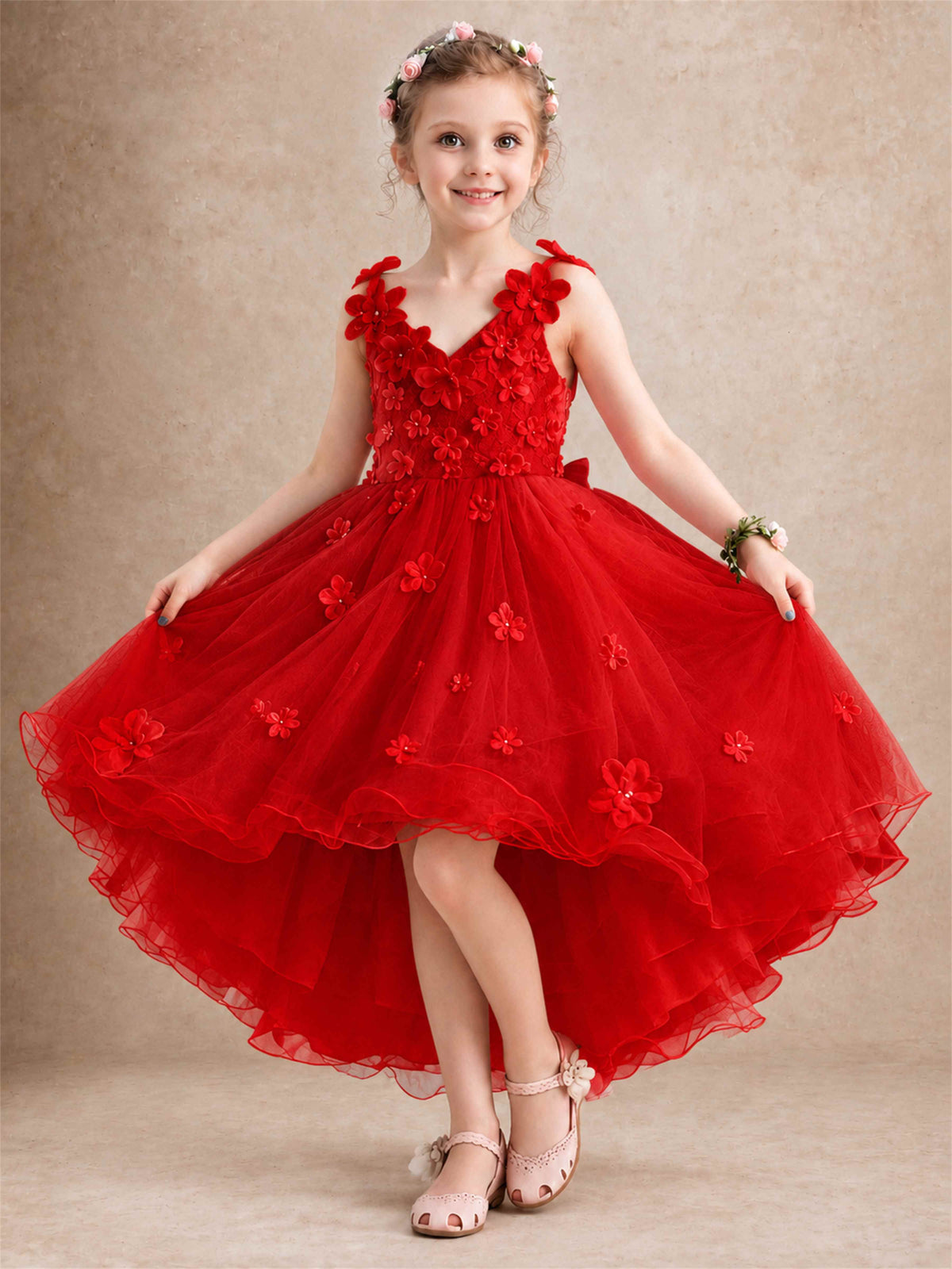 3D Floral Tulle Flower Girl Dress V-Neck Spaghetti Strap High Low Kids for Wedding First Communion