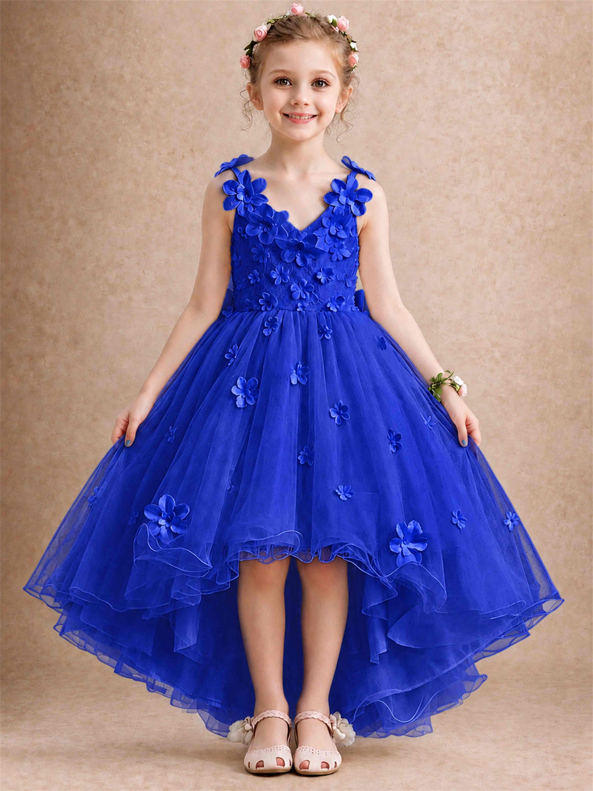 3D Floral Tulle Flower Girl Dress V-Neck Spaghetti Strap High Low Kids for Wedding First Communion