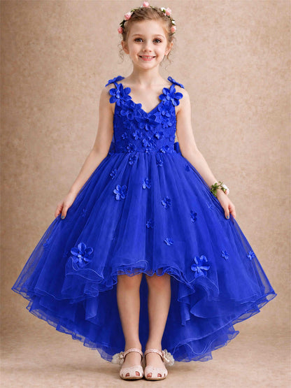 3D Floral Tulle Flower Girl Dress V-Neck Spaghetti Strap High Low Kids for Wedding First Communion
