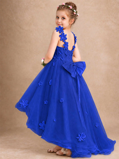 3D Floral Tulle Flower Girl Dress V-Neck Spaghetti Strap High Low Kids for Wedding First Communion