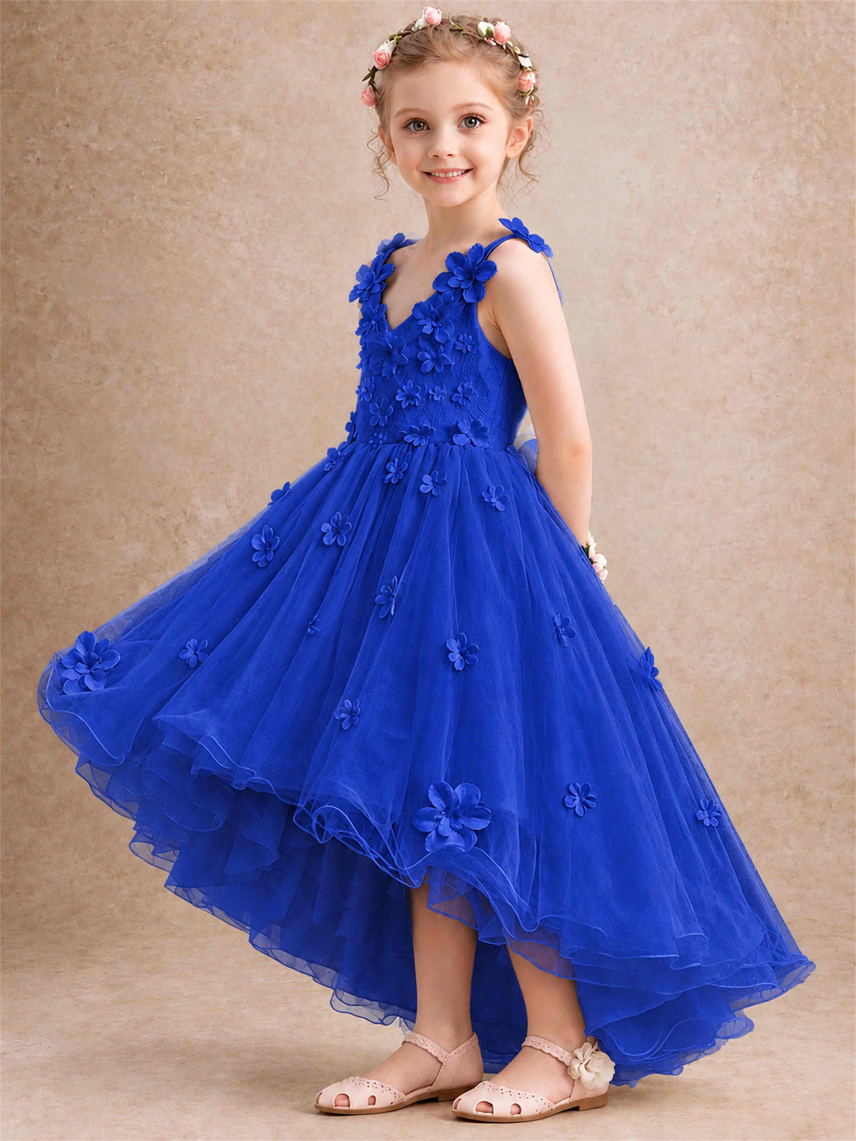 3D Floral Tulle Flower Girl Dress V-Neck Spaghetti Strap High Low Kids for Wedding First Communion