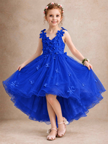 3D Floral Tulle Flower Girl Dress V-Neck Spaghetti Strap High Low Kids for Wedding First Communion