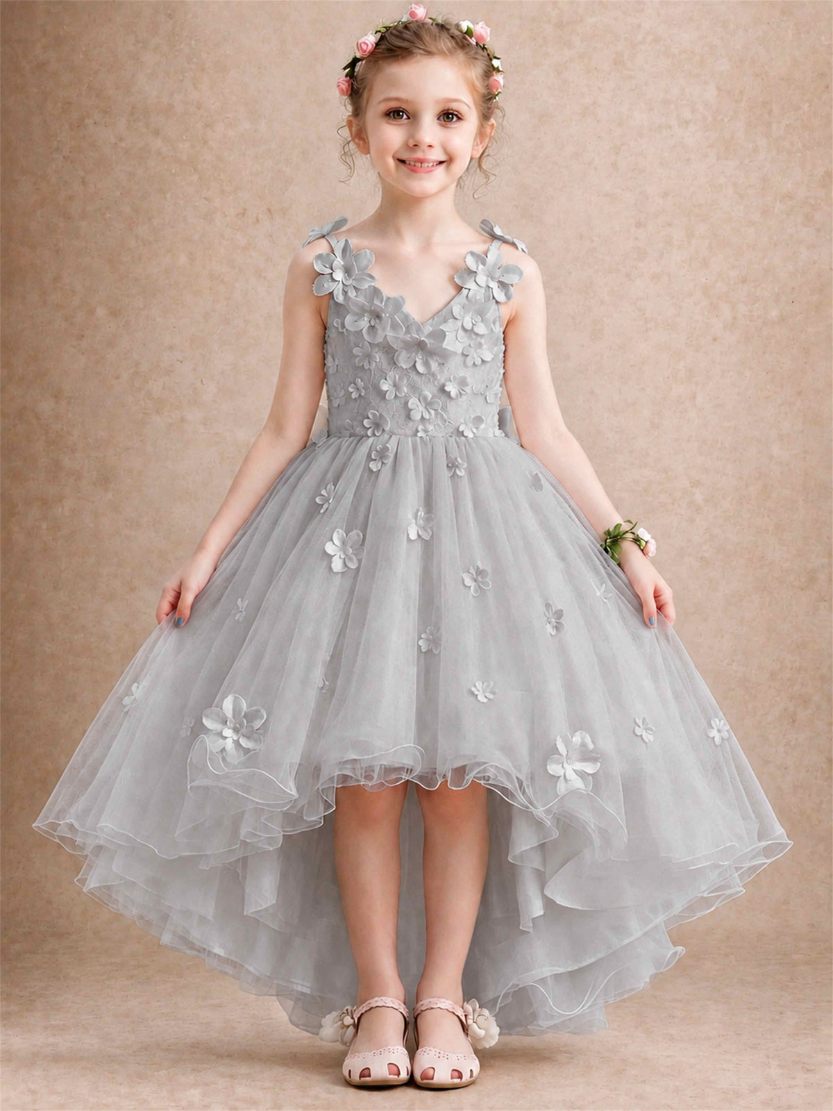 3D Floral Tulle Flower Girl Dress V-Neck Spaghetti Strap High Low Kids for Wedding First Communion