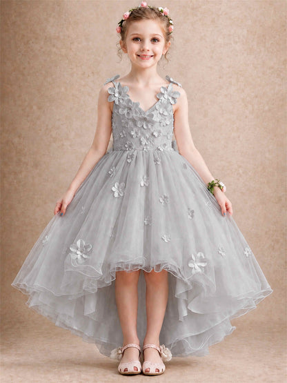 3D Floral Tulle Flower Girl Dress V-Neck Spaghetti Strap High Low Kids for Wedding First Communion