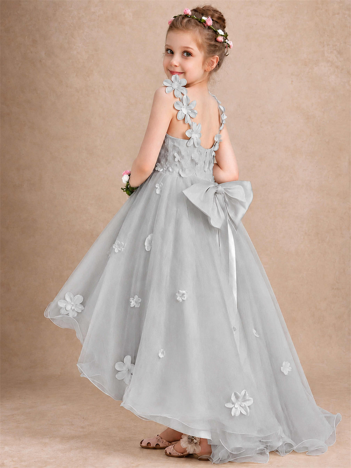 3D Floral Tulle Flower Girl Dress V-Neck Spaghetti Strap High Low Kids for Wedding First Communion
