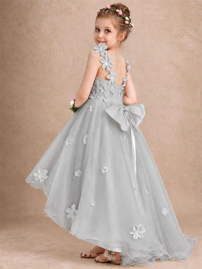 3D Floral Tulle Flower Girl Dress V-Neck Spaghetti Strap High Low Kids for Wedding First Communion