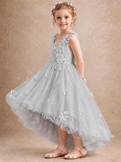 3D Floral Tulle Flower Girl Dress V-Neck Spaghetti Strap High Low Kids for Wedding First Communion