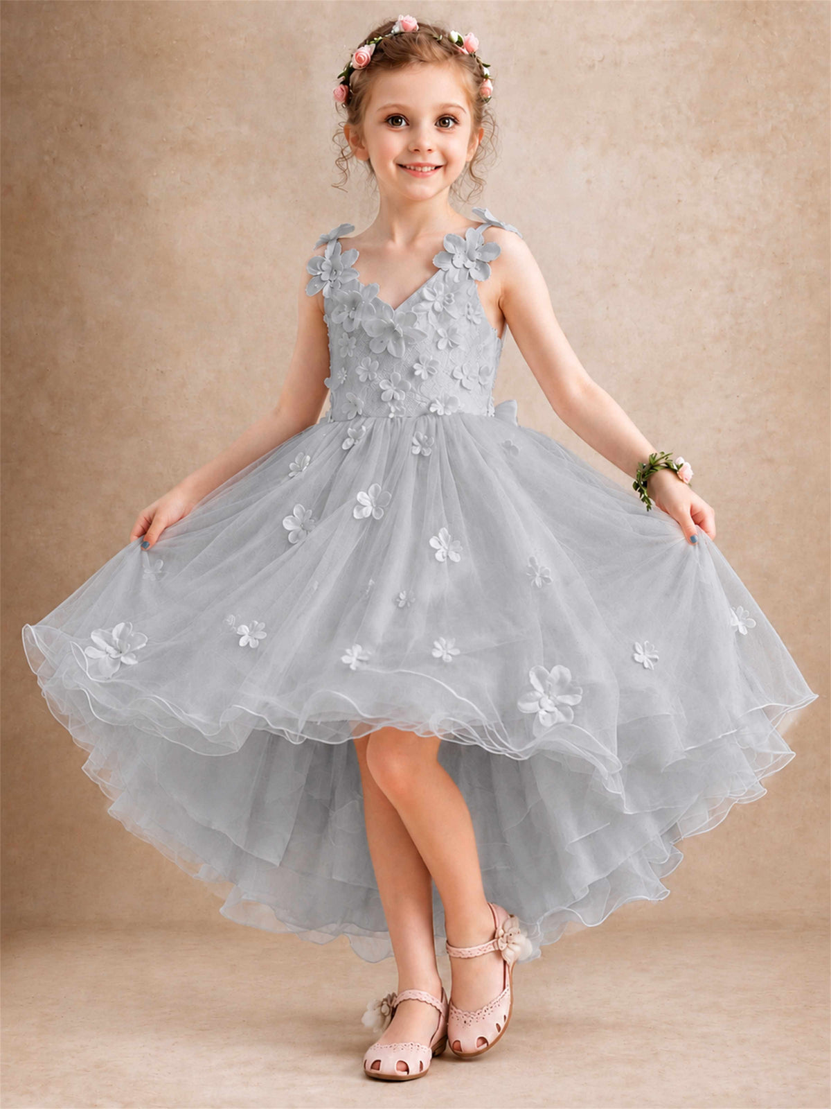 3D Floral Tulle Flower Girl Dress V-Neck Spaghetti Strap High Low Kids for Wedding First Communion