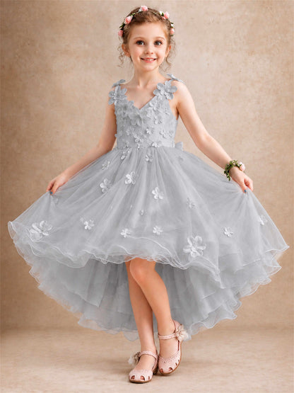 3D Floral Tulle Flower Girl Dress V-Neck Spaghetti Strap High Low Kids for Wedding First Communion