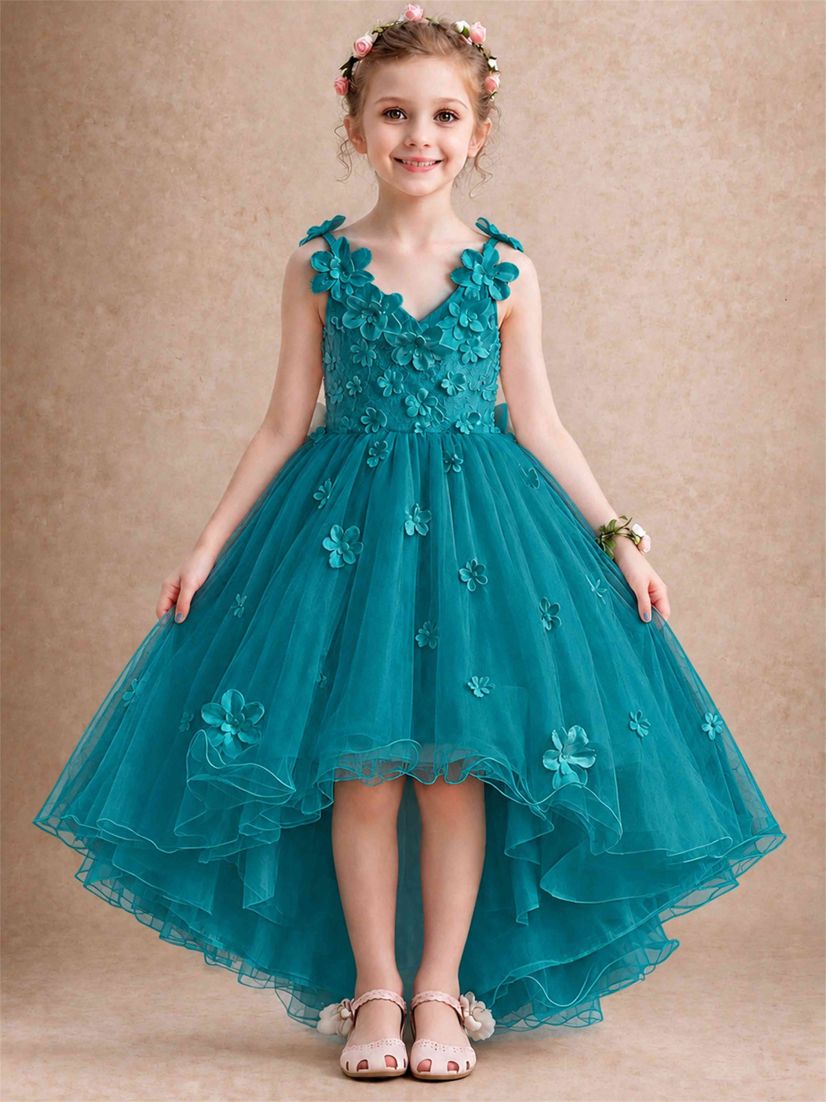 3D Floral Tulle Flower Girl Dress V-Neck Spaghetti Strap High Low Kids for Wedding First Communion