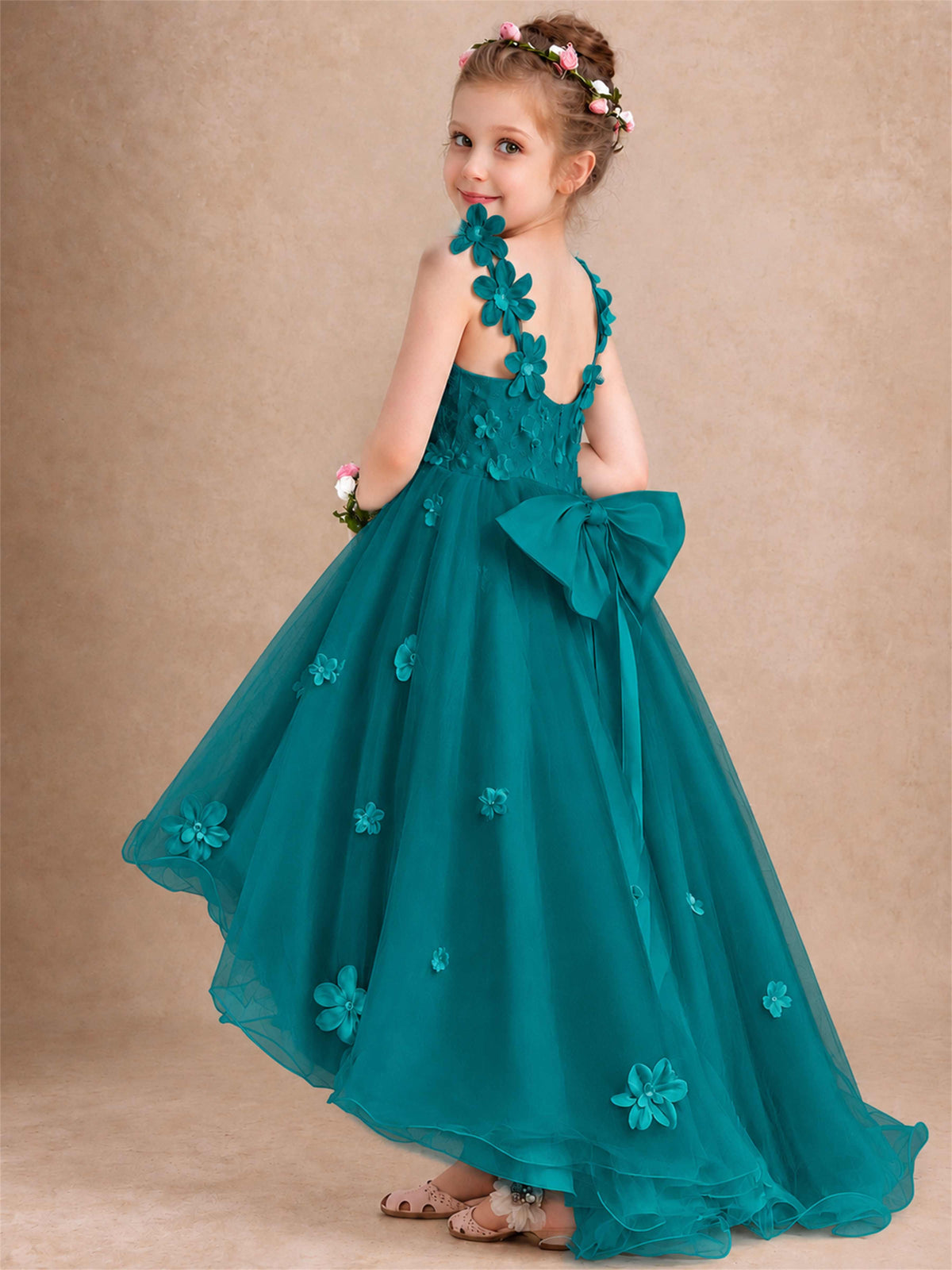 3D Floral Tulle Flower Girl Dress V-Neck Spaghetti Strap High Low Kids for Wedding First Communion