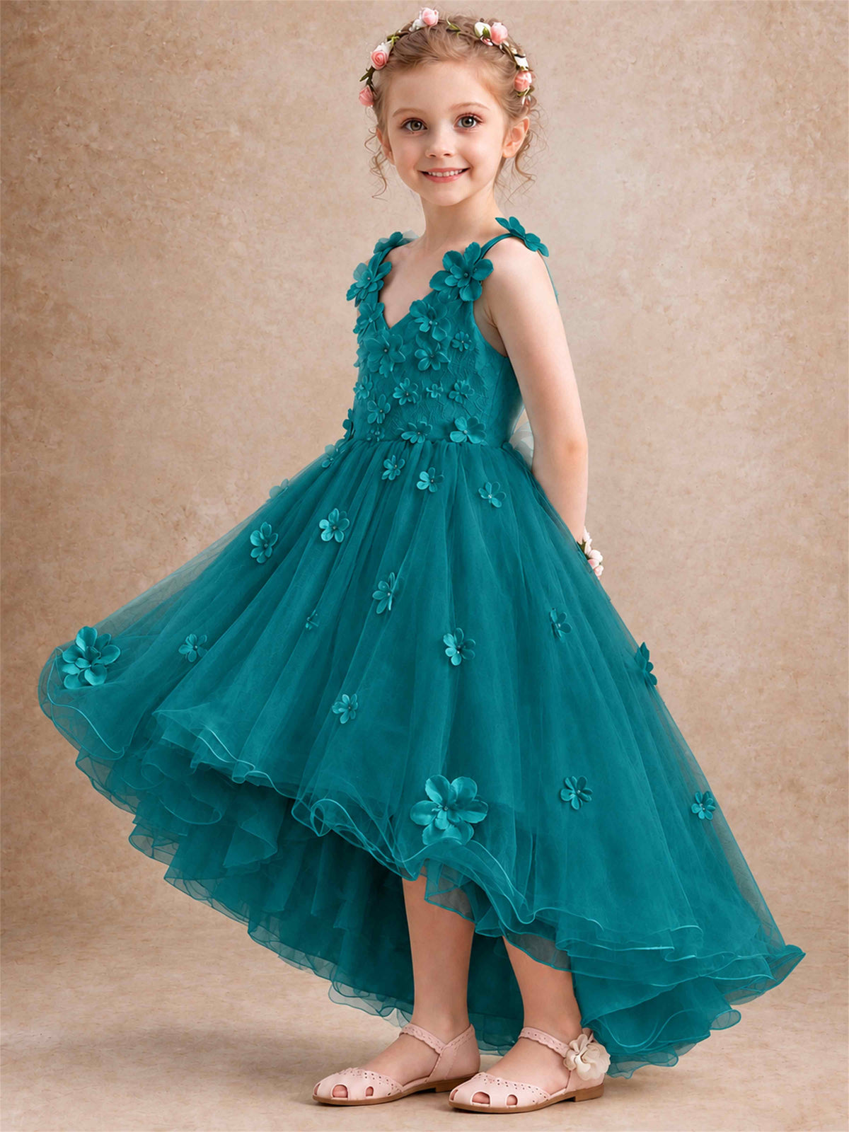 3D Floral Tulle Flower Girl Dress V-Neck Spaghetti Strap High Low Kids for Wedding First Communion