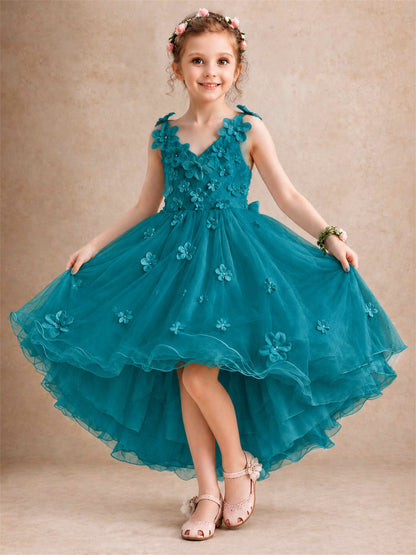 3D Floral Tulle Flower Girl Dress V-Neck Spaghetti Strap High Low Kids for Wedding First Communion