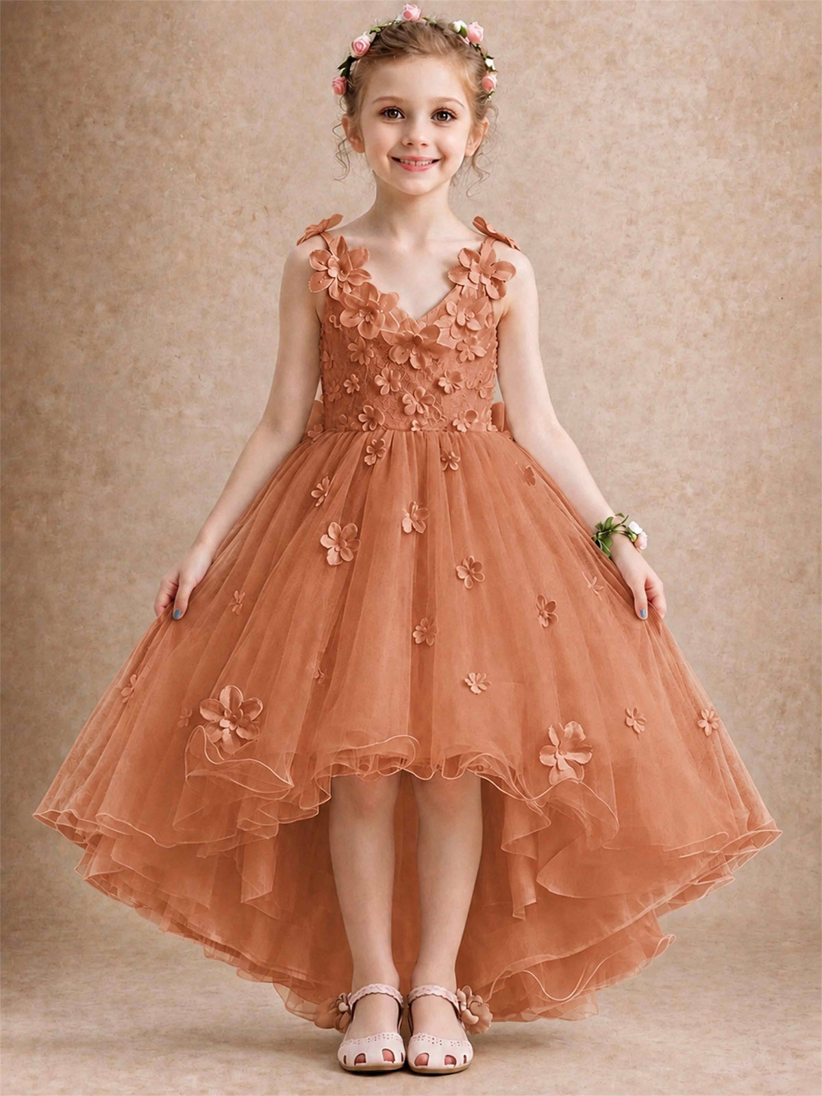 3D Floral Tulle Flower Girl Dress V-Neck Spaghetti Strap High Low Kids for Wedding First Communion