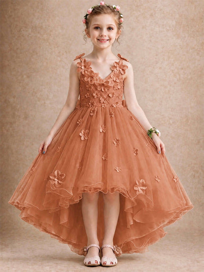 3D Floral Tulle Flower Girl Dress V-Neck Spaghetti Strap High Low Kids for Wedding First Communion