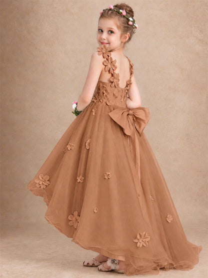 3D Floral Tulle Flower Girl Dress V-Neck Spaghetti Strap High Low Kids for Wedding First Communion
