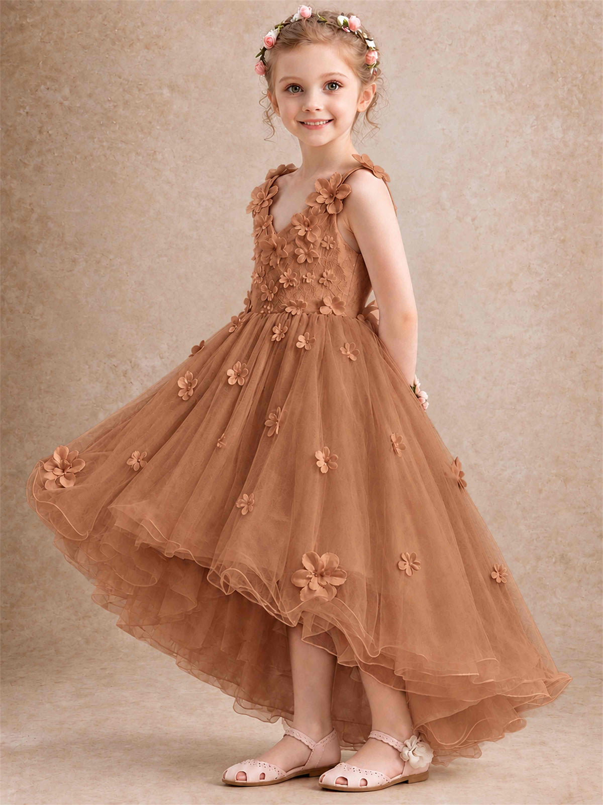 3D Floral Tulle Flower Girl Dress V-Neck Spaghetti Strap High Low Kids for Wedding First Communion