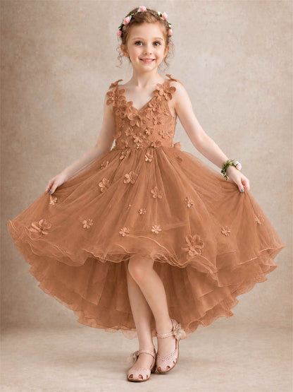 3D Floral Tulle Flower Girl Dress V-Neck Spaghetti Strap High Low Kids for Wedding First Communion