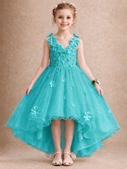 3D Floral Tulle Flower Girl Dress V-Neck Spaghetti Strap High Low Kids for Wedding First Communion