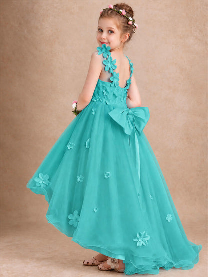 3D Floral Tulle Flower Girl Dress V-Neck Spaghetti Strap High Low Kids for Wedding First Communion