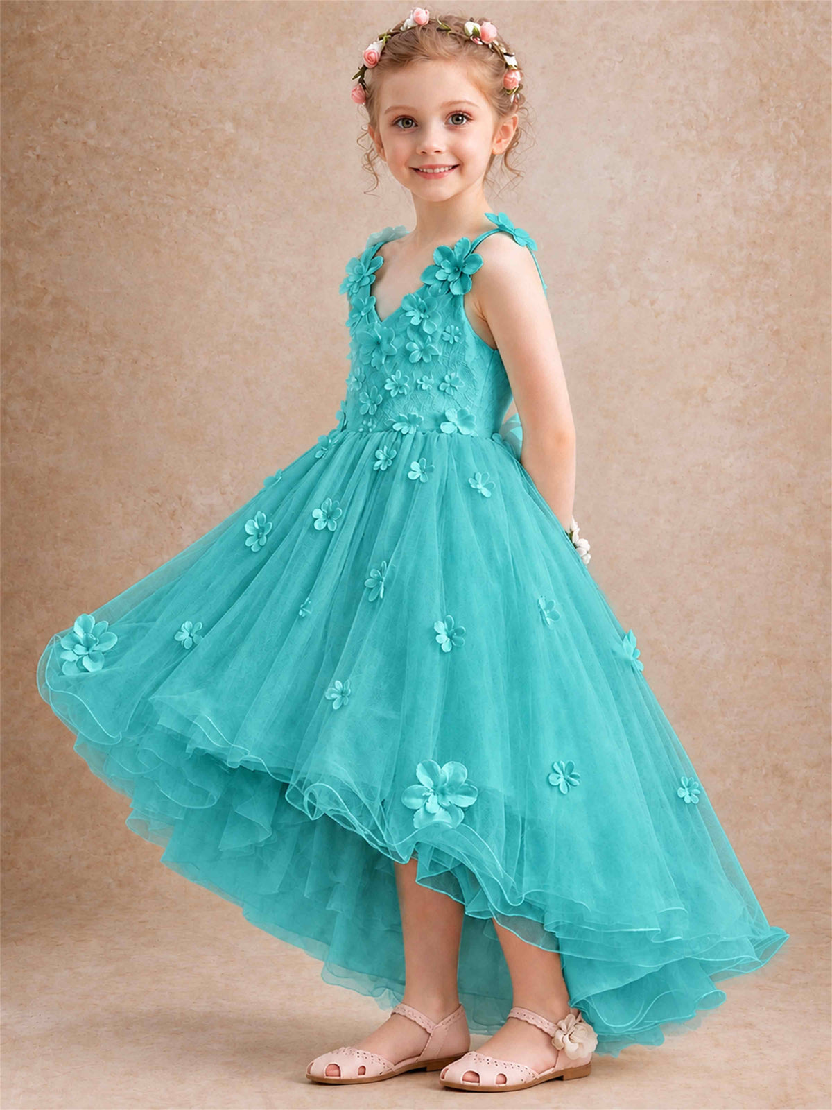 3D Floral Tulle Flower Girl Dress V-Neck Spaghetti Strap High Low Kids for Wedding First Communion