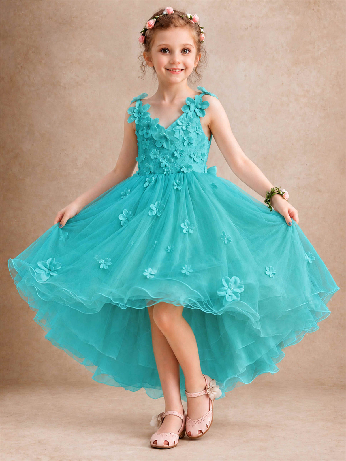 3D Floral Tulle Flower Girl Dress V-Neck Spaghetti Strap High Low Kids for Wedding First Communion