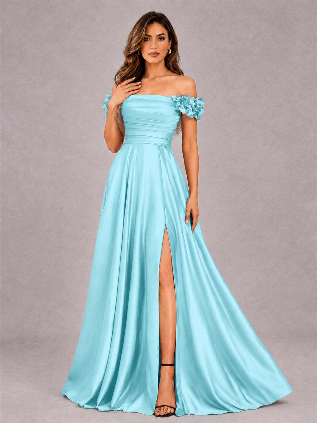 3D Flower Off the Shoulder A Line Satin Pleated Evening Dress with Split Side