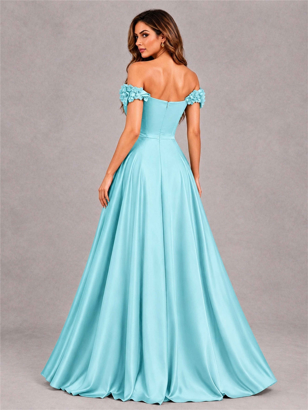 3D Flower Off the Shoulder A Line Satin Pleated Evening Dress with Split Side