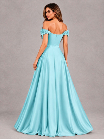 3D Flower Off the Shoulder A Line Satin Pleated Evening Dress with Split Side
