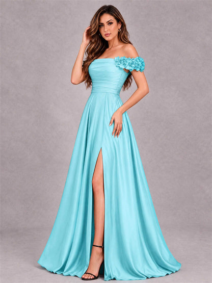 3D Flower Off the Shoulder A Line Satin Pleated Evening Dress with Split Side