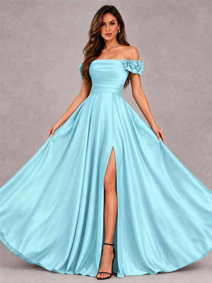 3D Flower Off the Shoulder A Line Satin Pleated Evening Dress with Split Side