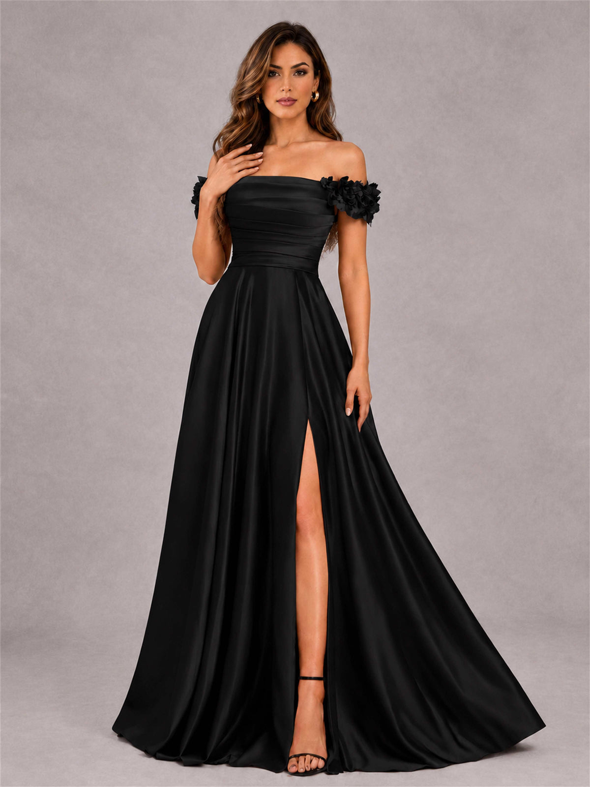 3D Flower Off the Shoulder A Line Satin Pleated Evening Dress with Split Side