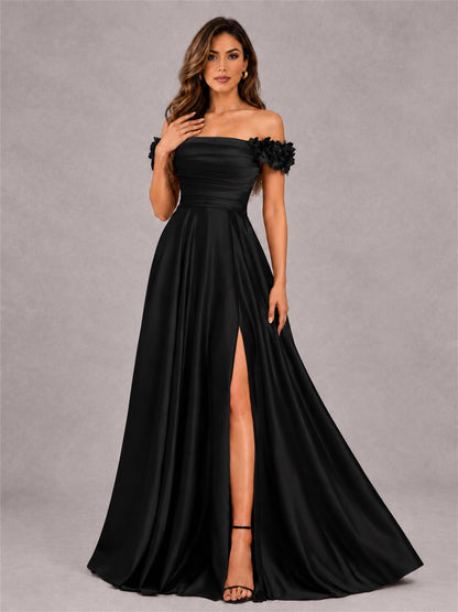 3D Flower Off the Shoulder A Line Satin Pleated Evening Dress with Split Side