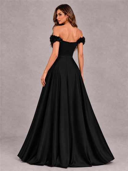 3D Flower Off the Shoulder A Line Satin Pleated Evening Dress with Split Side