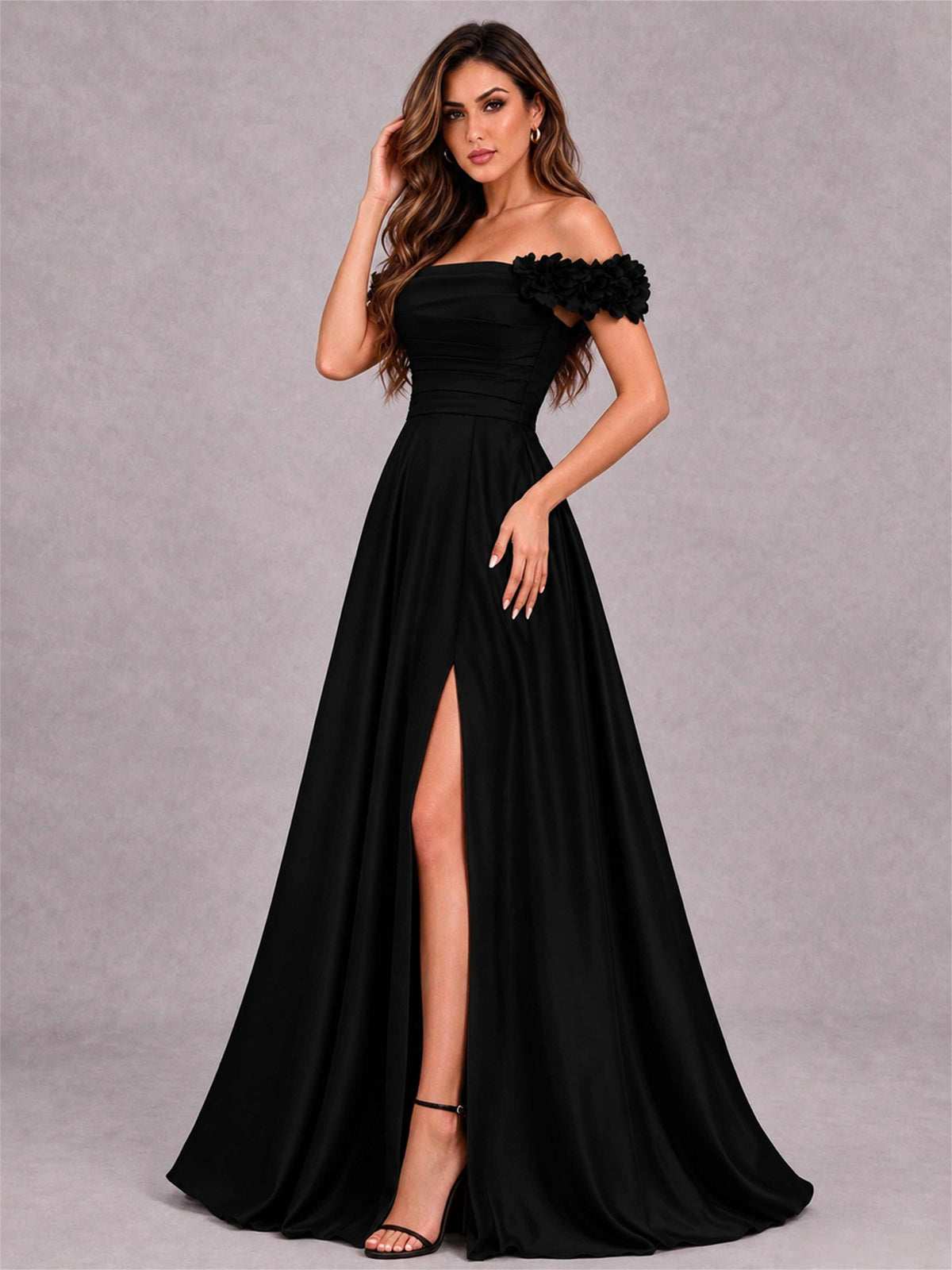 3D Flower Off the Shoulder A Line Satin Pleated Evening Dress with Split Side